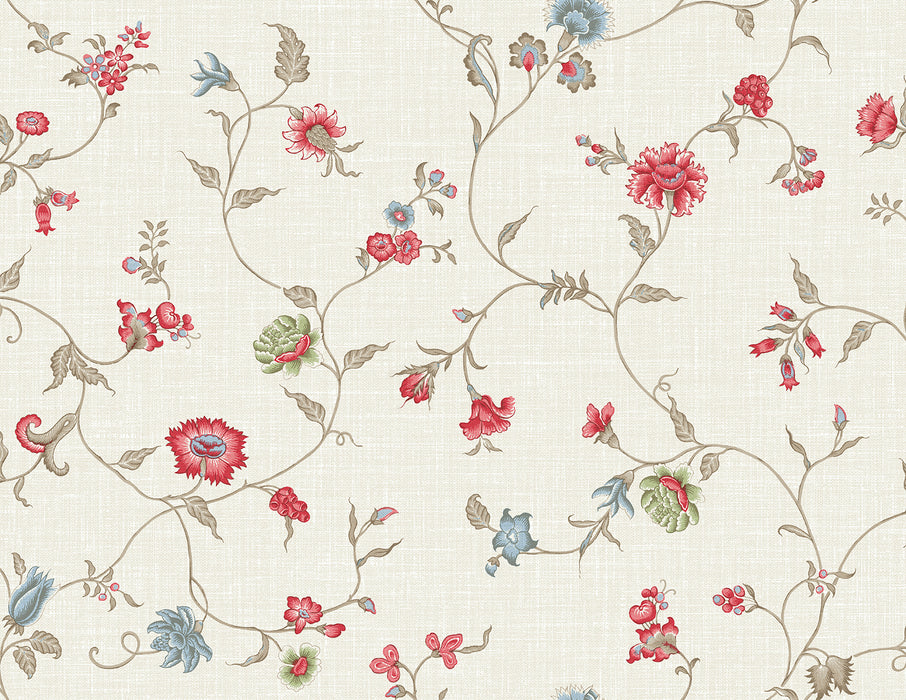 Seabrook Designs Florale Trail Cranberry & Blue Bell Wallpaper Sample FC61004