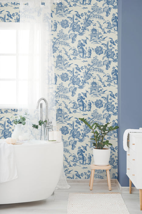 Seabrook Designs Colette Chinoiserie Denim Wash Wallpaper Sample FC61812