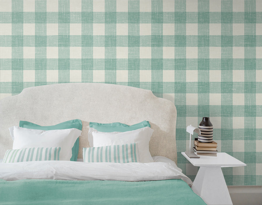 Seabrook Designs Bebe Gingham Minty Meadow Wallpaper Sample FC62314