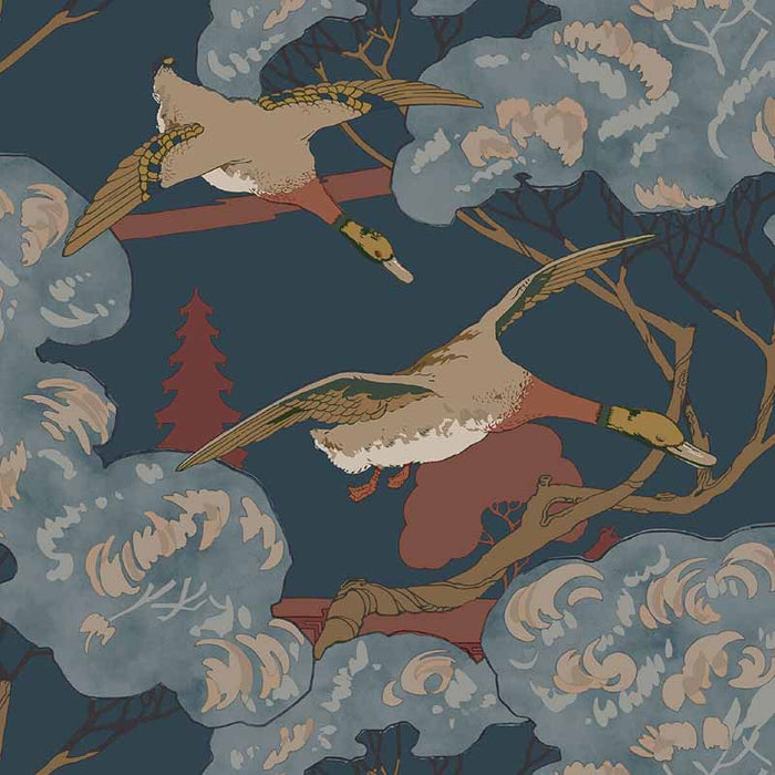 Mulberry Home Grand Flying Ducks Red/Blue Wallpaper Sample FG102.V110.0