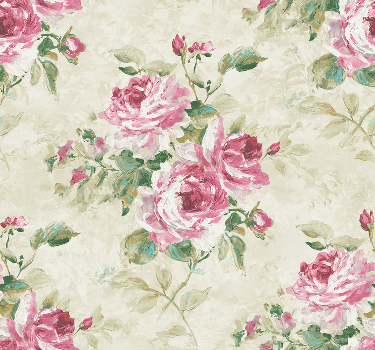 Seabrook Designs Rose Bouquet Metallic Ivory, Blush, And Forest Green Wallpaper Sample FI70401