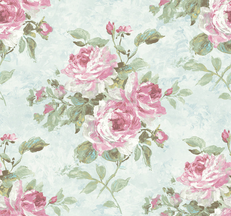 Seabrook Designs Rose Bouquet Metallic Blue And Rose Wallpaper FI70402