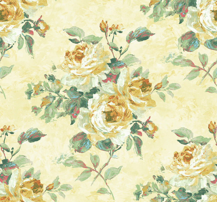 Seabrook Designs Rose Bouquet Metallic White, Gold, And Green Wallpaper Sample FI70403