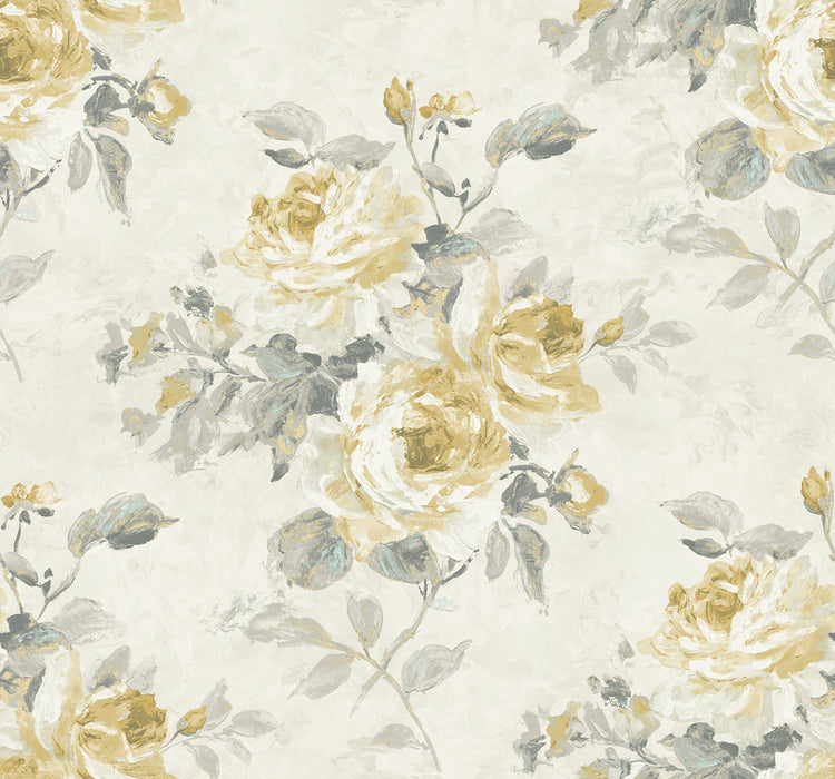 Seabrook Designs Rose Bouquet Metallic Pearl, Metallic Gold, And Grey Wallpaper Sample FI70405