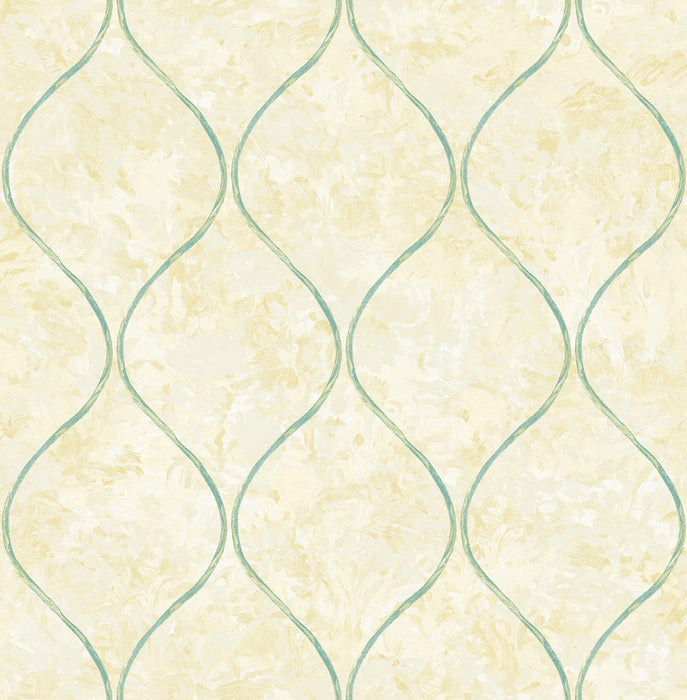 Seabrook Designs Ogee Tan, Metallic Gold, And Turquoise Wallpaper Sample FI70503