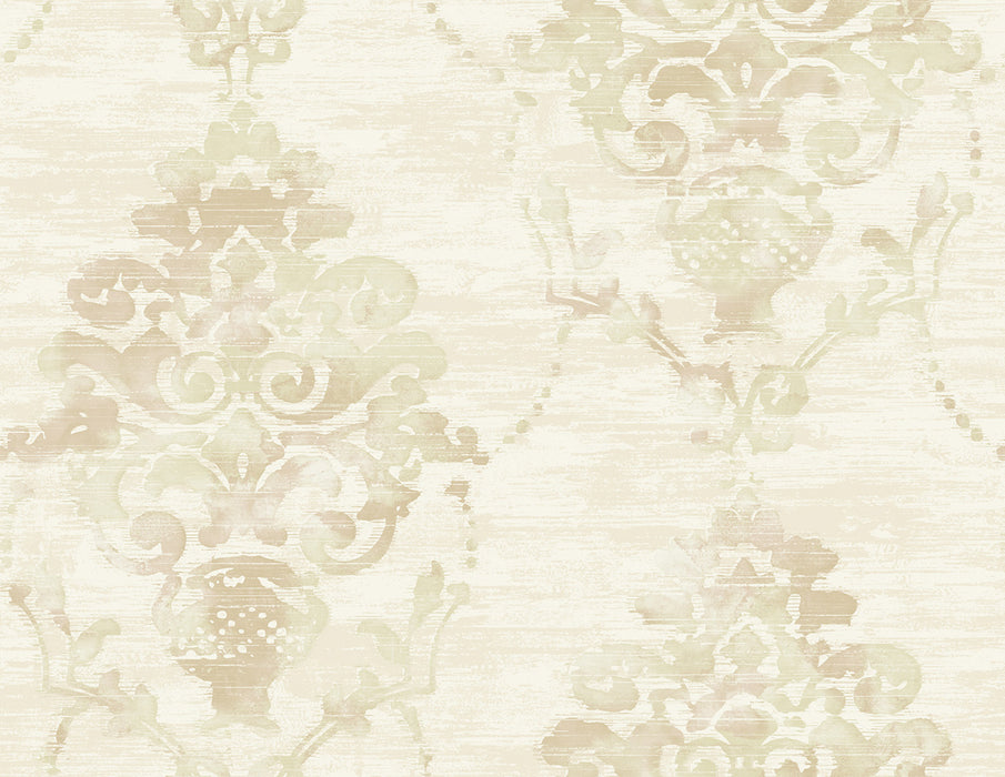 Seabrook Designs Damask Metallic, Tan, And Soft Peach Wallpaper Sample FI71004