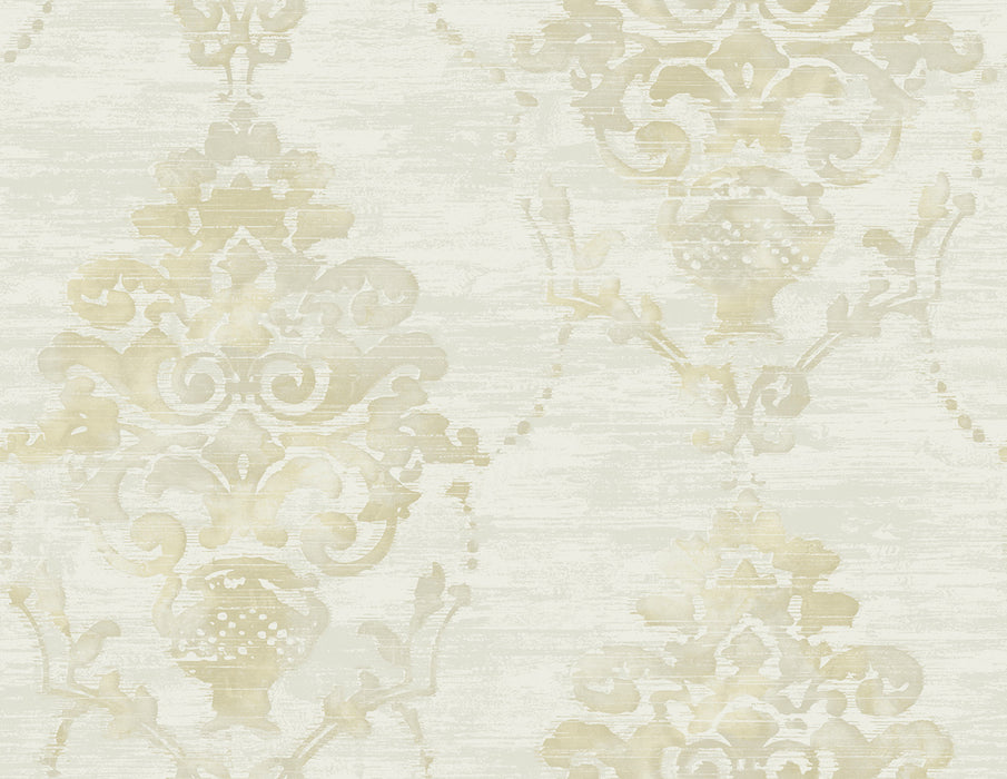 Seabrook Designs Damask Metallic Cream And Tan Wallpaper Sample FI71007