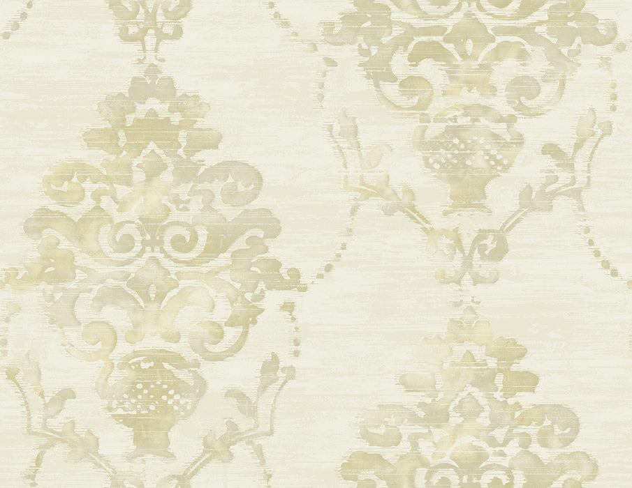 Seabrook Designs Damask Metallic, Cream, And Greige Wallpaper Sample FI71014