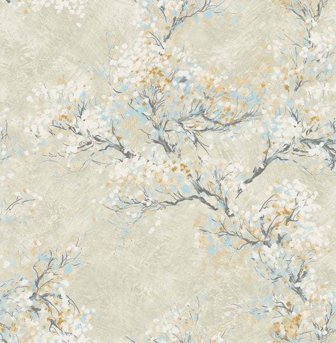 Seabrook Designs Cherry Blossoms Metallic Champagne, White, And Sky Blue Wallpaper Sample FI71105