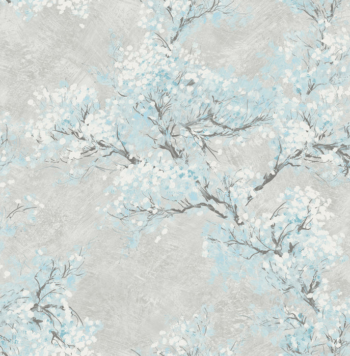 Seabrook Designs Cherry Blossoms Metallic Silver And Sky Blue Wallpaper Sample FI71108