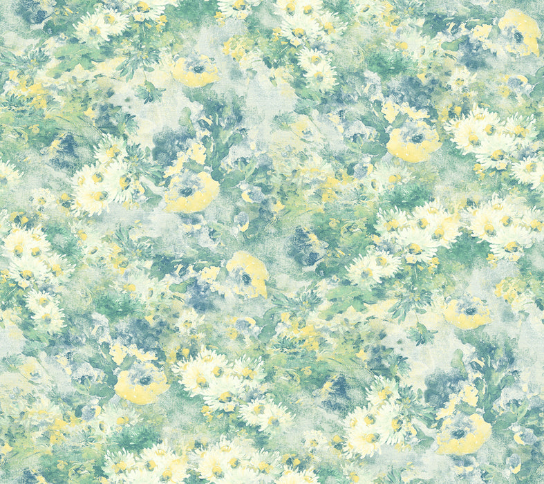 Seabrook Designs Daisy Metallic Ivory, Yellow, And Teal Wallpaper Sample FI71304