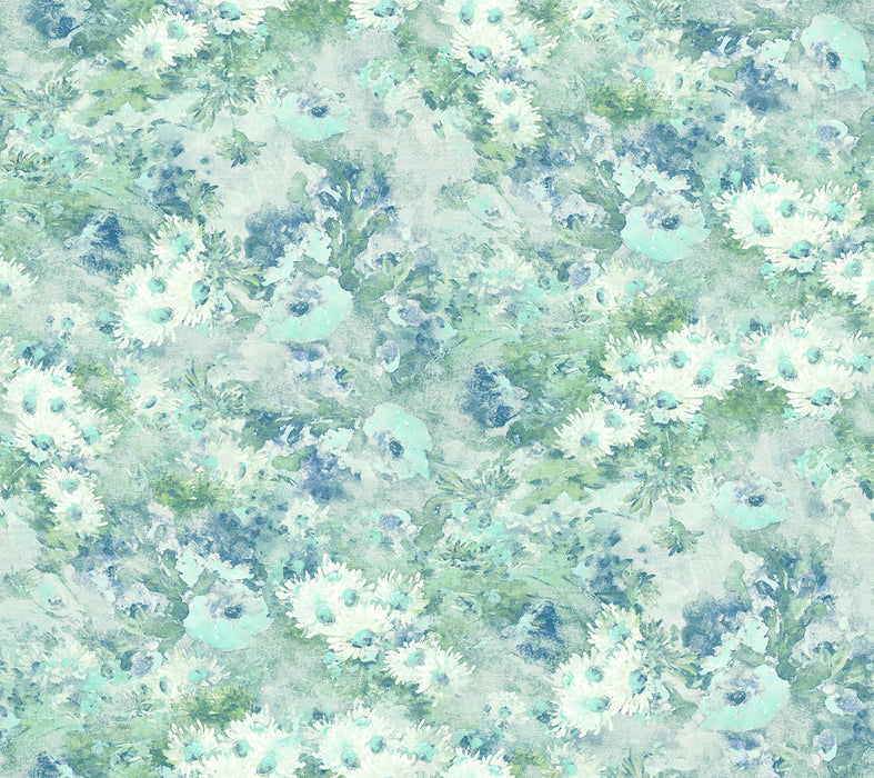 Seabrook Designs Daisy Metallic Powder Blue And Turquoise Wallpaper Sample FI71318