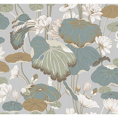 York Lotus Pond Grey & Blue Wallpaper GO8294