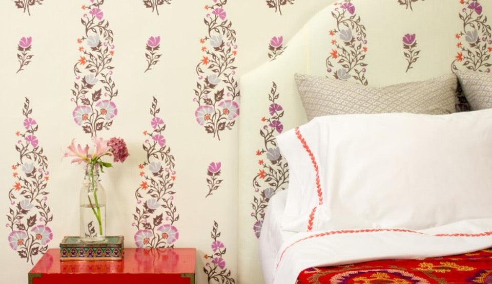 Galbraith and Paul Fabric and Wallpaper Bed with Persian Garden Floral Wallpaper