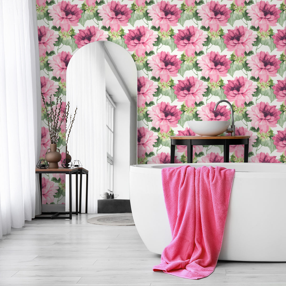 Seabrook Designs Watercolor Floral Cerise Pink & Evergreen Wallpaper Sample HG10301