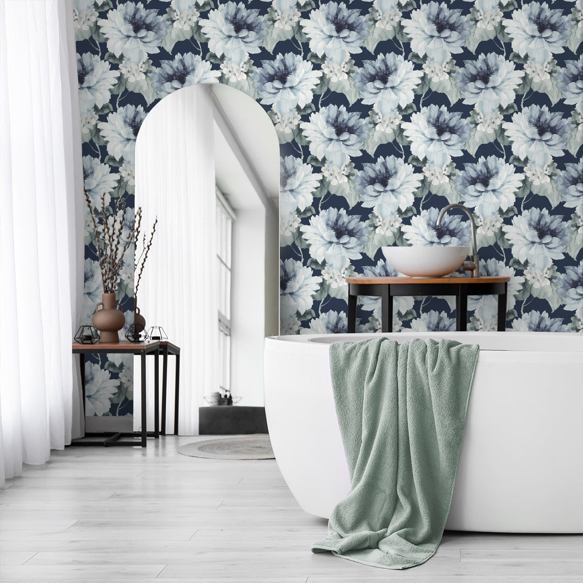 Seabrook Designs Watercolor Floral Navy Blue & Slate Green Wallpaper Sample HG10302