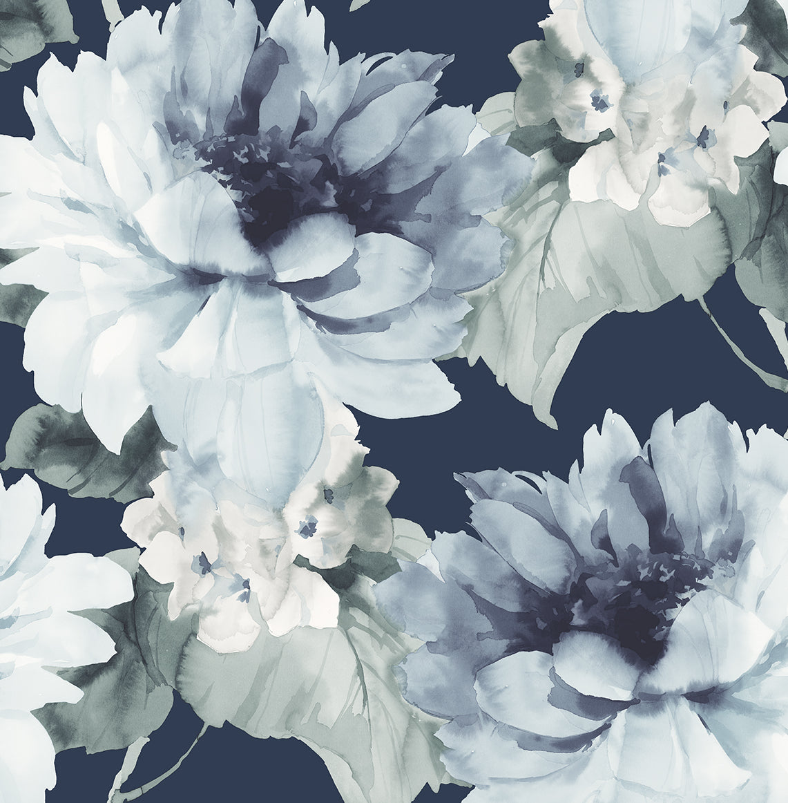 Seabrook Designs Watercolor Floral Navy Blue & Slate Green Wallpaper HG10302