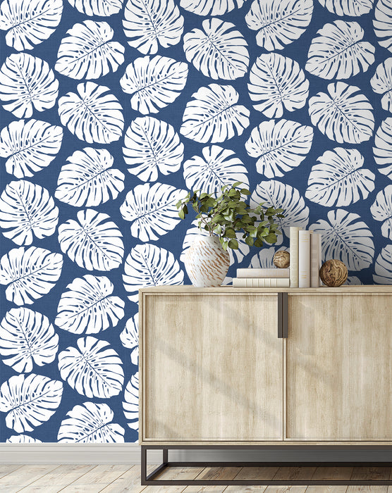 Seabrook Designs Monstera Leaf Blue Wallpaper HG10502