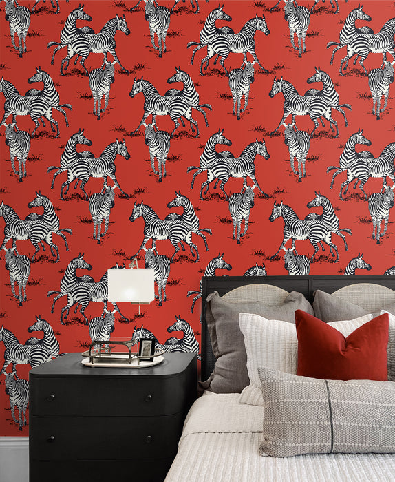 Seabrook Designs Playful Zebras Red Wallpaper HG11101