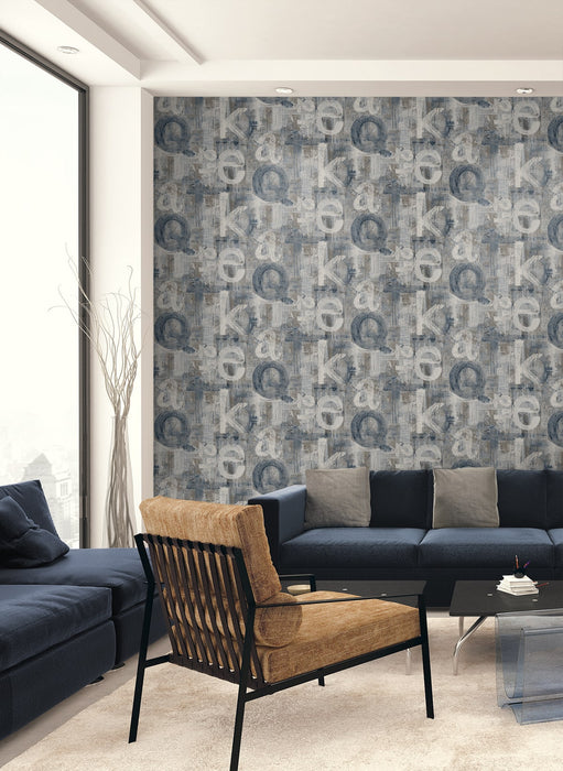 Seabrook Designs Graphic Letters Steel Blue & Mocha Wallpaper HG12002