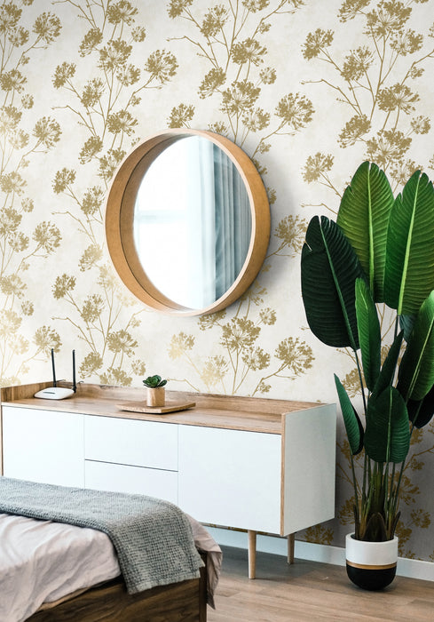 Seabrook Designs Dandelion Floral Metallic Gold Wallpaper HG12105