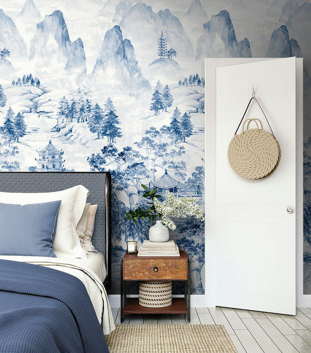 Seabrook Designs Misty Mountain Scenic Mural Bluestone Wallpaper HG12502M