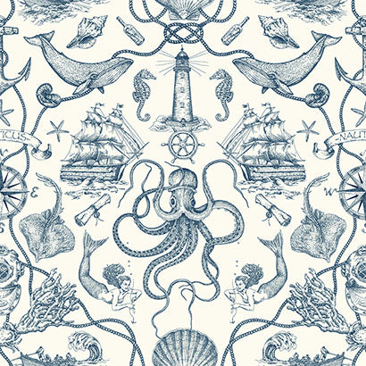 York Deep Sea Toile Blue Wallpaper HO3361