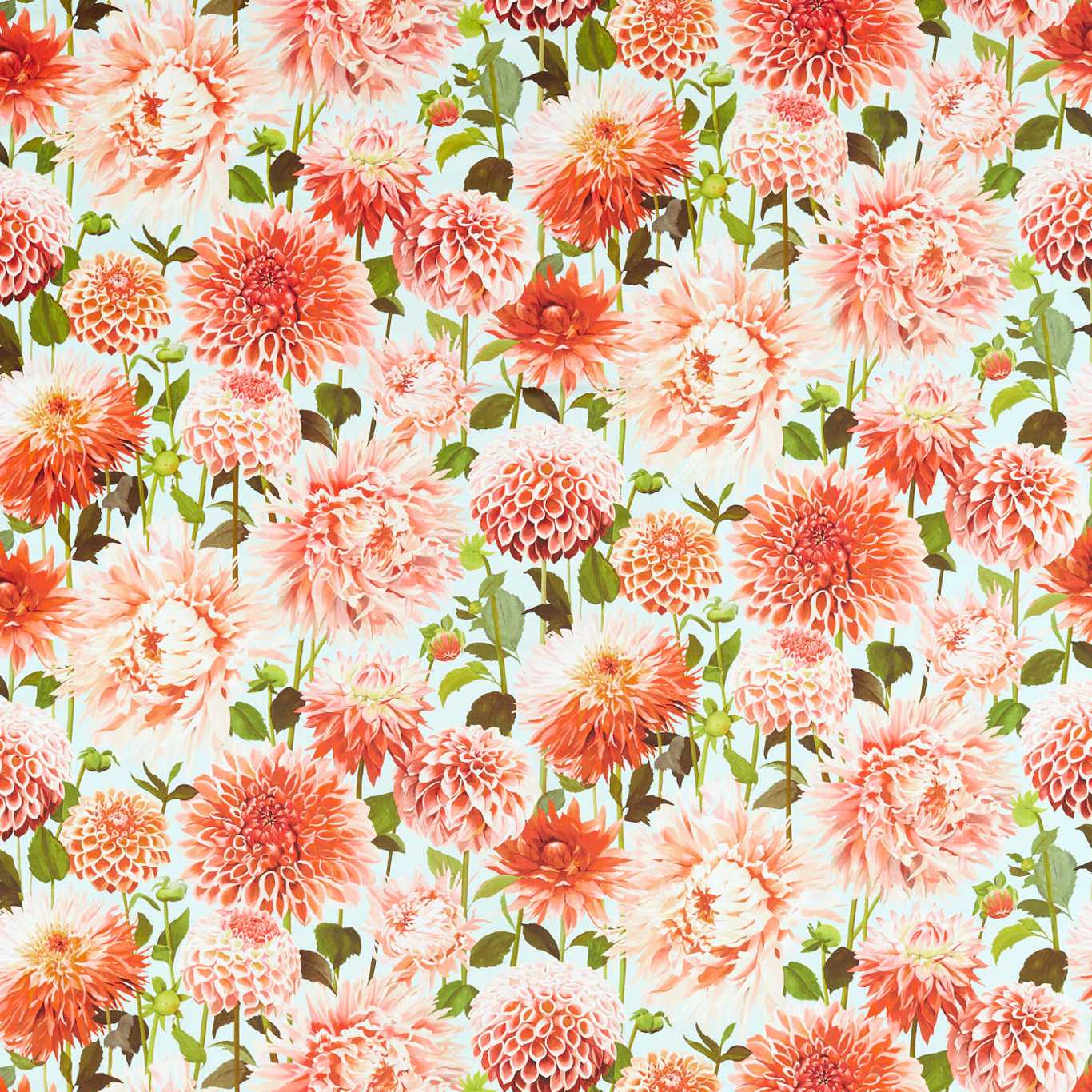 Harlequin Dahlia Coral/Fig Leaf/Sky 121083 Fabric Sample HQN2121083