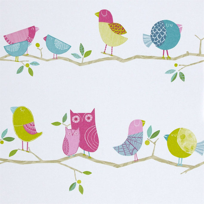 Harlequin What A Hoot Pink/Aque/Apple/Natural 515 Wallpaper Sample HWO70515