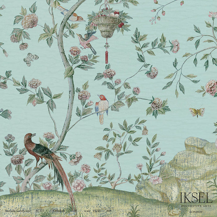 Schumacher Xanadu Landscape Celadon Wallpaper Sample IK4404