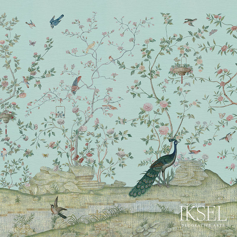 Schumacher Xanadu Landscape Celadon Wallpaper Sample IK4404