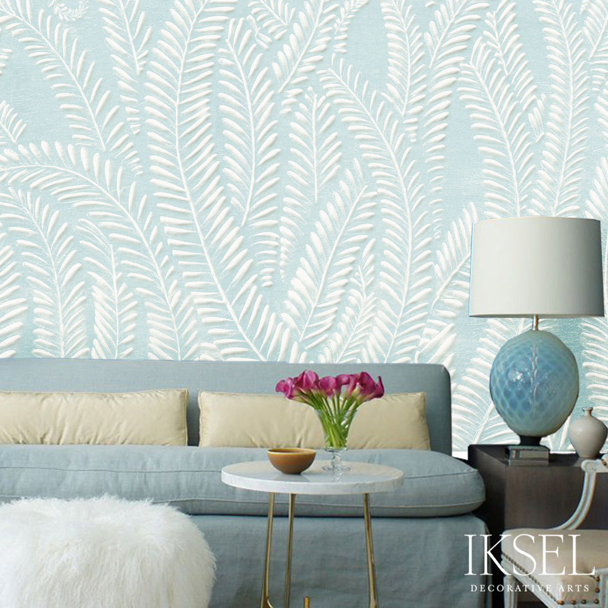 Schumacher Art Deco Fern Sea Foam Wallpaper IK7106