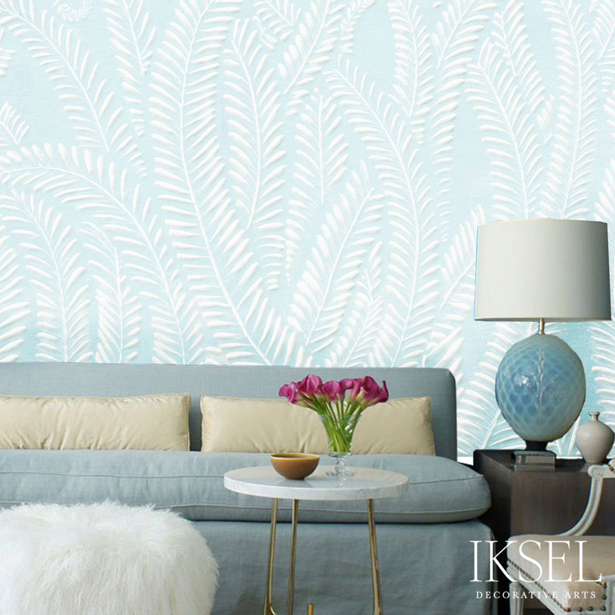 Schumacher Art Deco Fern Ice Blue Wallpaper IK7107