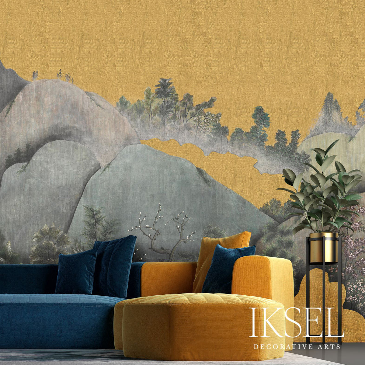 Schumacher Japanese Mountains Crackled Gold Wallpaper IK7304