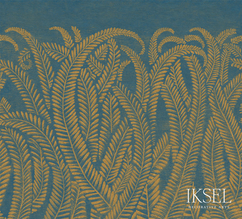 Schumacher Art Deco Golden Fern Golden Blue Wallpaper IK8402