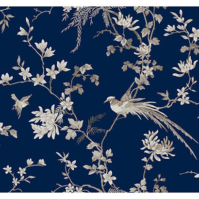 York Bird & Blossom Chinoserie Blue Wallpaper KT2171