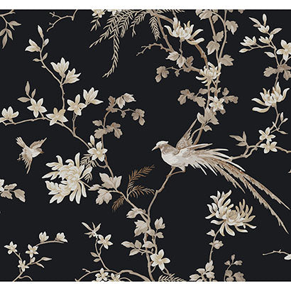 York Bird & Blossom Chinoserie Black Wallpaper KT2173