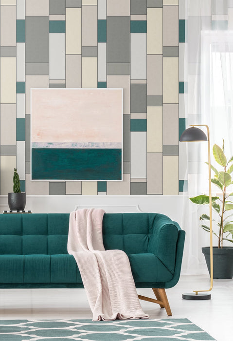 Seabrook Designs De Stijl Geometric Perry Teal & Frosted Petal Wallpaper Sample KTM1110