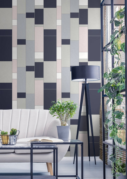 Seabrook Designs De Stijl Geometric Indigo & Metallic Silver Wallpaper KTM1120