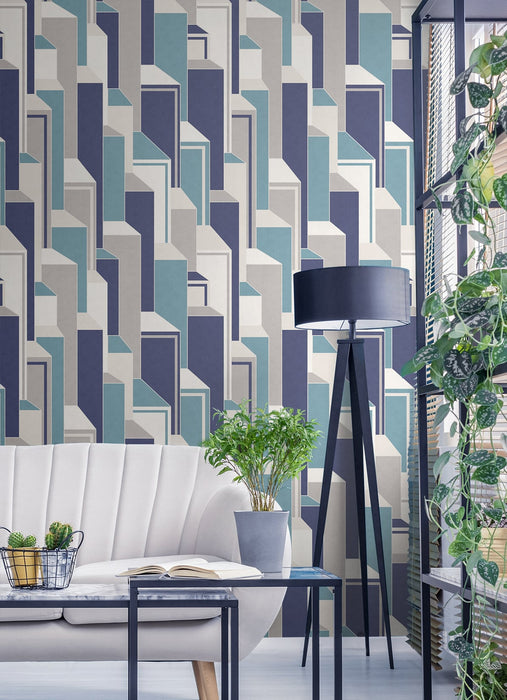 Seabrook Designs Deco Geometric Perry Teal & Indigo Wallpaper Sample KTM1330