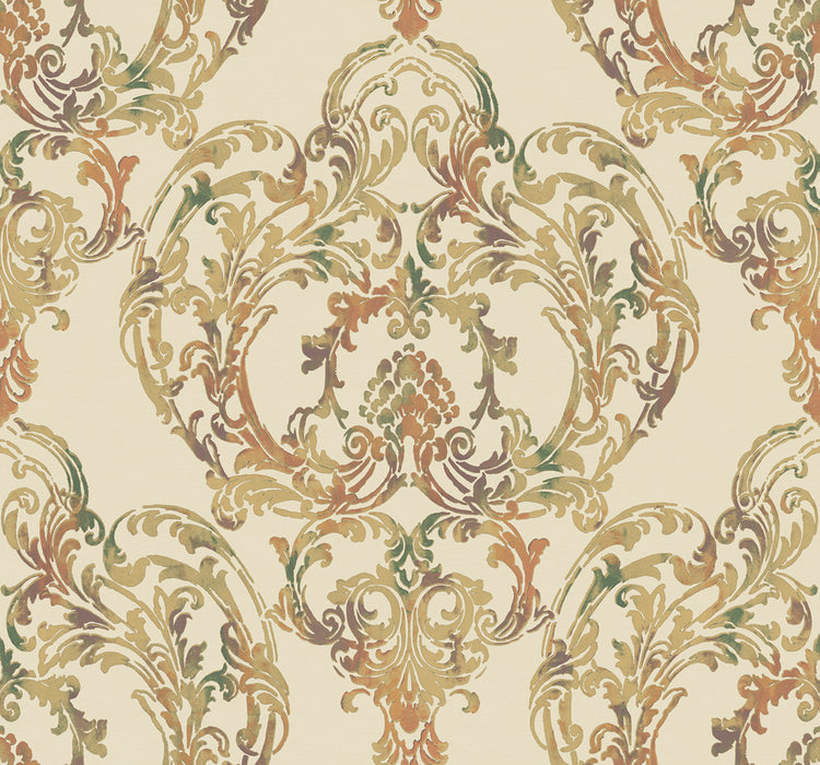 Seabrook Designs Roxen Damask Amber, Gold, And Pine Wallpaper LG90701