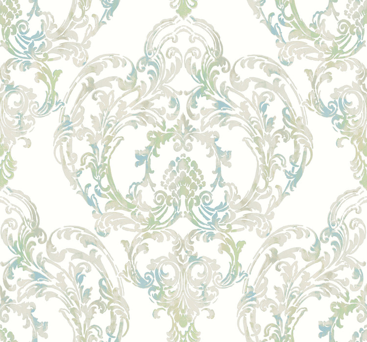 Seabrook Designs Roxen Damask Turquoise, Off-white, And Mint Wallpaper LG90702