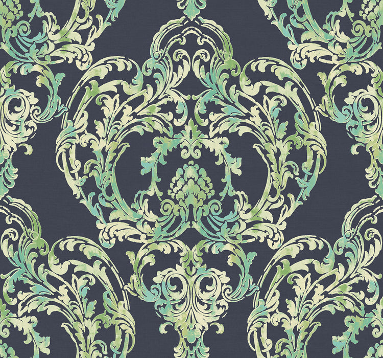 Seabrook Designs Roxen Damask Navy, Off-white, And Mint Wallpaper LG90712