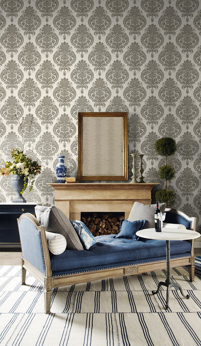 Seabrook Designs Antigua Damask Charcoal And Ivory Wallpaper Sample LN10400