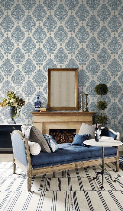 Seabrook Designs Antigua Damask Air Force Blue And Alabaster Wallpaper Sample LN10402