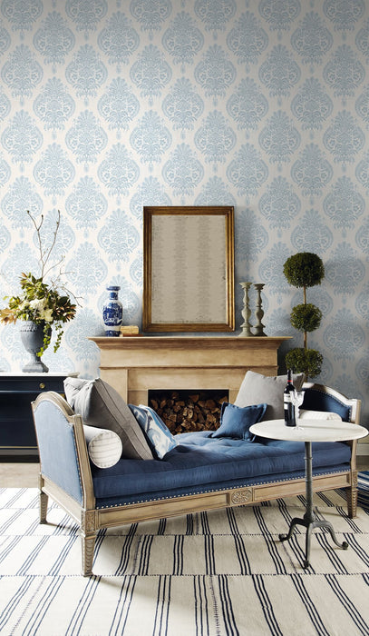 Seabrook Designs Antigua Damask Blue Frost And Bone White Wallpaper Sample LN10412