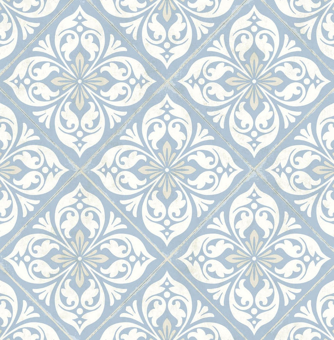 Seabrook Designs Plumosa Tile Carolina Blue And Arrowroot Wallpaper LN11002