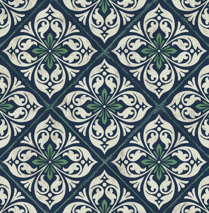 Seabrook Designs Plumosa Tile Midnight Blue And Spearmint Wallpaper LN11012