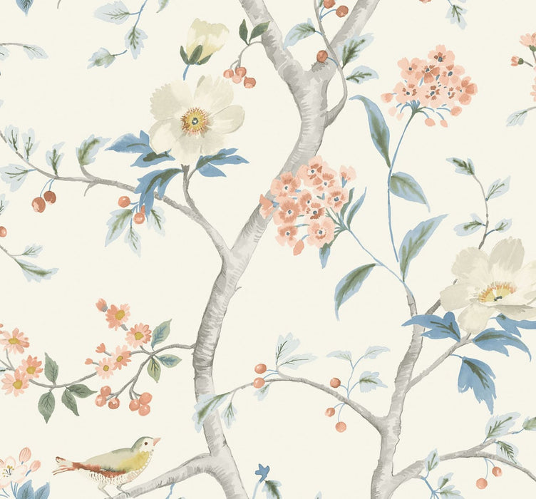 Seabrook Designs Southport Floral Trail Eggshell, Melon, And Carolina Blue Wallpaper Sample LN11101