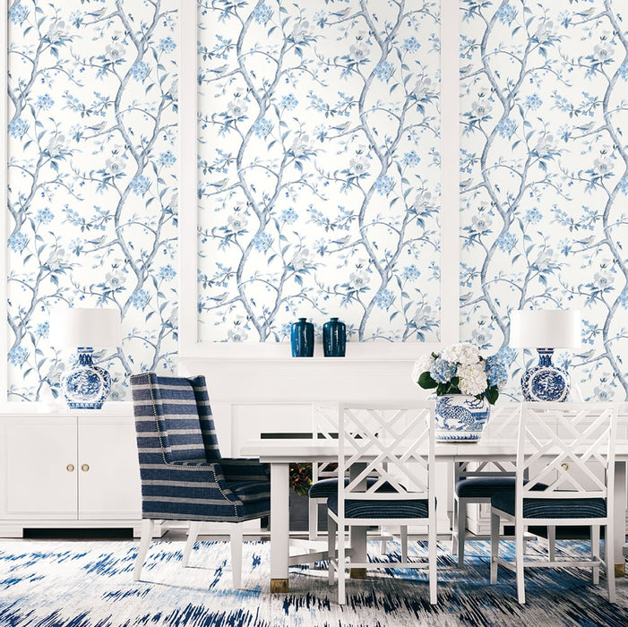 Seabrook Designs Southport Floral Trail Eggshell And Blue Shale  Wallpaper LN11102